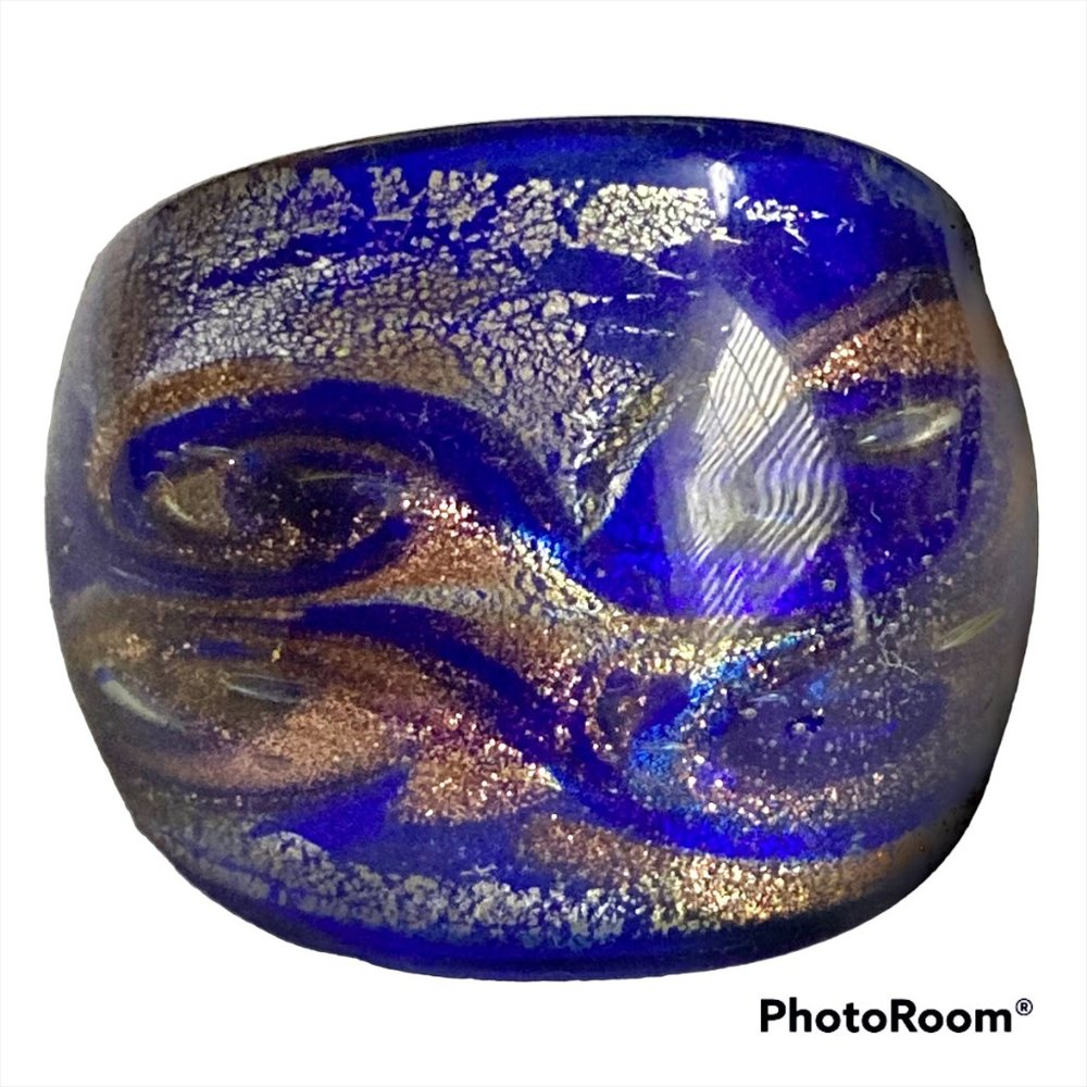 Murano Style Art Glass Dome Cocktail Ring Size 8 Cobalt Blue Copper VintageStock